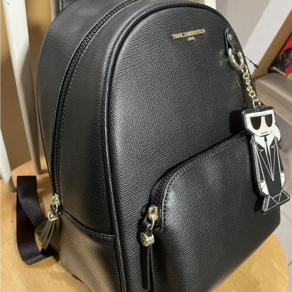 NWT Karl Lagerfeld Paris Khloe Backpack Black with Karl Key Chain Charm - Picture 2 of 4